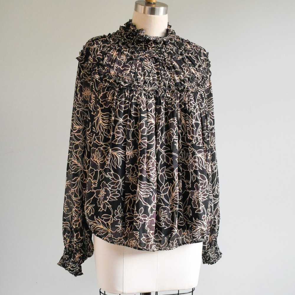 Nicholas Floral Neck Ruffle / Gathered Floral Long Sleeve Blouse